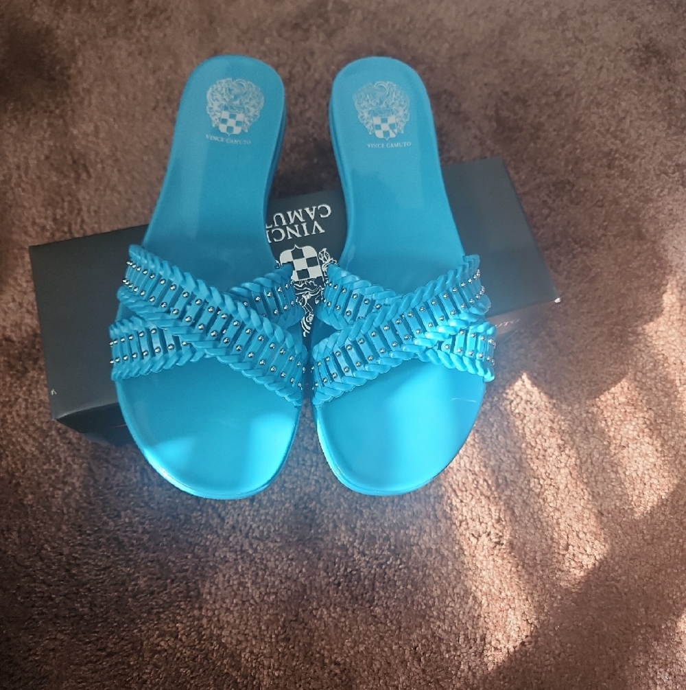 Vince Camuto Bright Turquoise Blue Beaded Slide Sandals - Picture 4 of 6